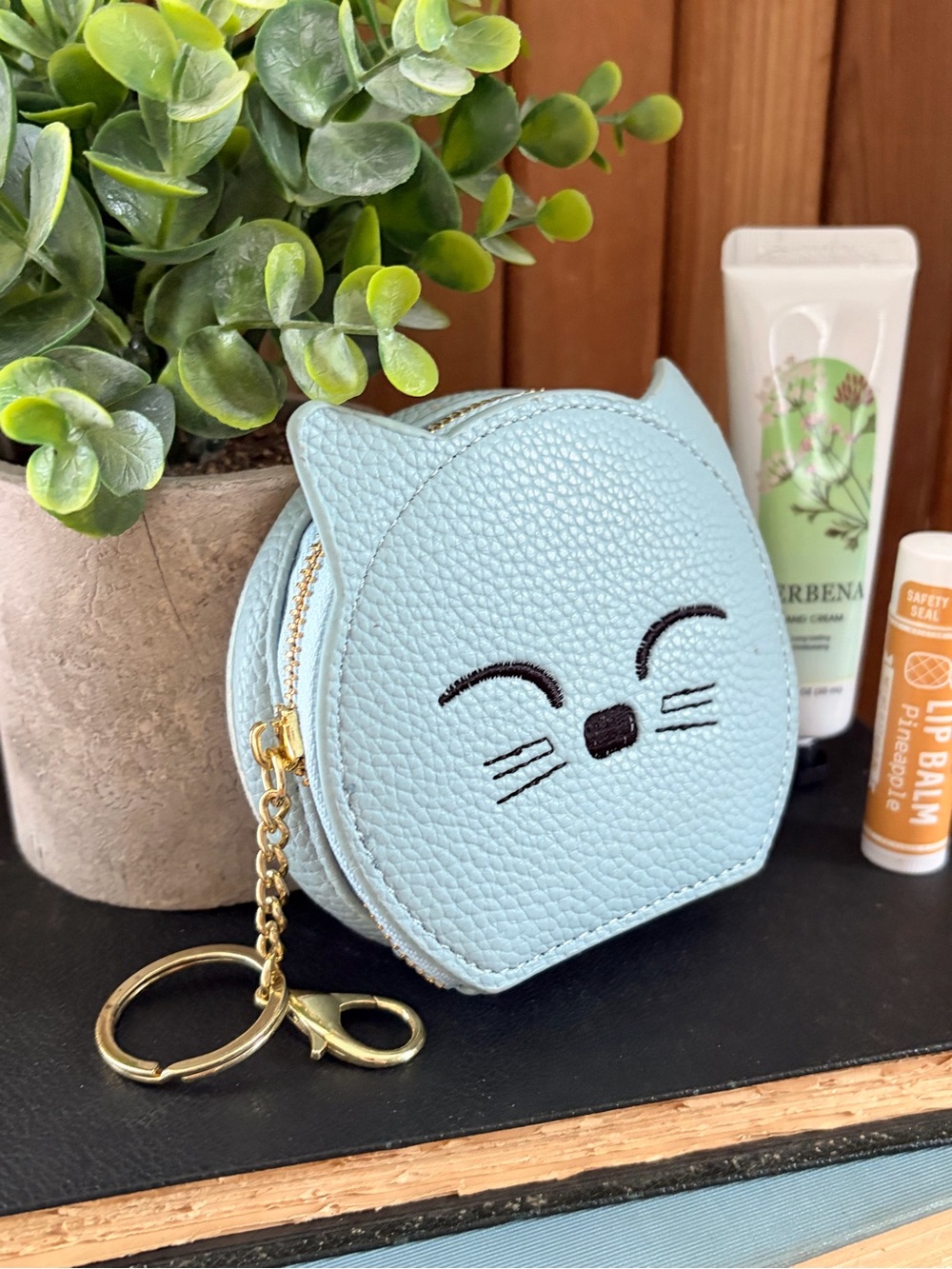Blue Kitty Coin Purse Keychain, Mini Pouch with Lip Balm and Verbena Hand Lotion - Picture 2 of 6